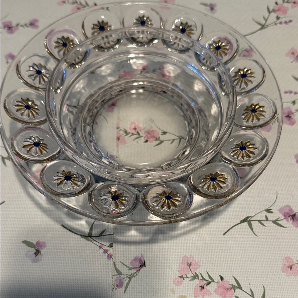 Source Unknown Clear Glass Dish with Gold and Blue Floral Accents